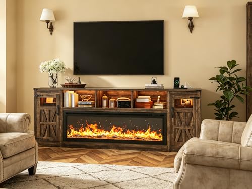 Image of Fireplace TV Stand for 100 Inch TV, 95 inch Farmhouse Entertainment Center with 60 inch Electric Fireplace & LED Lights, Large Media Console for Living Room, Rustic Barn Doors, Power Outlets, Rustic Brown