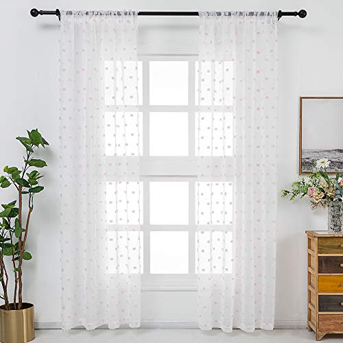 Finecity White Sheer Curtains 96 Inch Length - Rod Pocket Embroidered Cute Pink Pom Poms Curtain 2 Panels Light Filter Soft Window Voile Drapes For Girls Room, 52 X 96 Inch, 1 Pair, White Pink #TOP1
