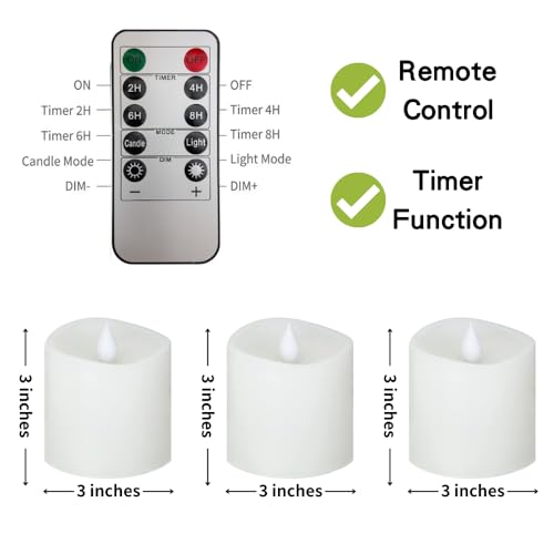 Image of 3x3 Flickering Flameless Candles Set of 3,3 inch Real Wax LED 600 Hours Battery Candles with Timer Remote,Control for Wedding Party Indoor,White