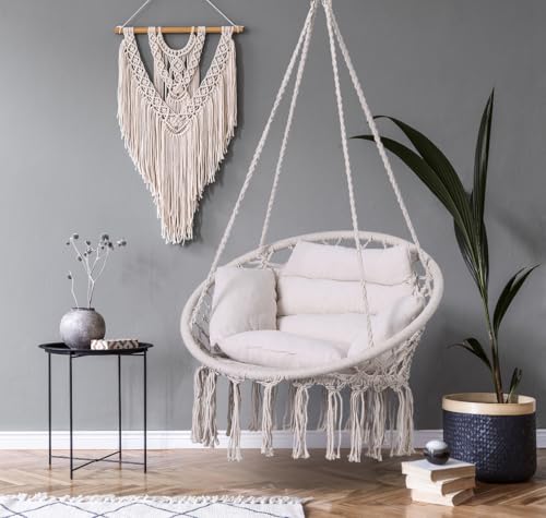 Goutime Silla hamaca, columpio colgante de macramé con cojín y kit de herramientas, columpios bohemios para adultos para exteriores, patio, balcón, dormitorio (beige) - imagen 8