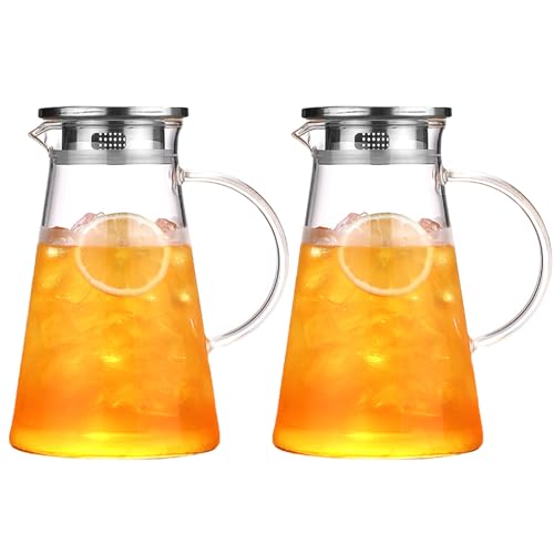 Preescolar, Toy Paquete de 2 jarras de vidrio con tapa, jarra de vidrio de 68 onzas/2000 ml con asa, jarra de jarra de buena bebida para jugo, bebida de leche, agua caliente y...