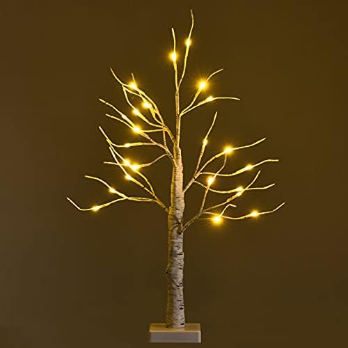 GYMAX 2FT/4FT Artificial White Birch Tree, Pre-lit Twig Birch Tree Designed with Warm White LED Lights, Christmas Traditional Decoration for Indoor Party Carnival Use (60cm/2FT)