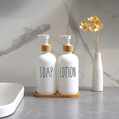 Momeemo White Soap Dispenser Bathroom Set, Bathroom Soap Dispenser Set With Glass Soap Dispenser, Bamboo Pumps & Tray. Soap And Lotion Dispenser Set Suitable For Bathroom Accessories Decor. (White) #TOP3