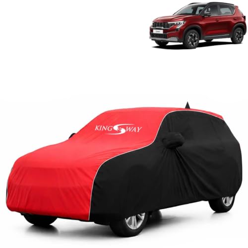 Image of KINGSWAY Super Waterproof Car Cover Only with Kia Sonet (Year 2024 Onwards - All Model) | Mirror and Antenna Pockets | All Weather Car Body Cover with Silver Piping | Black Red