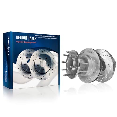 Image of Detroit Axle - DRW Front Brake Kit for Ford 2013-2022 F-350 Super Duty | Drilled and Slotted Disc Brake Rotors Ceramic Brake Pads with Hardware 2014 2015 2016 2017 Replacement 14.29 inch inch Rotor