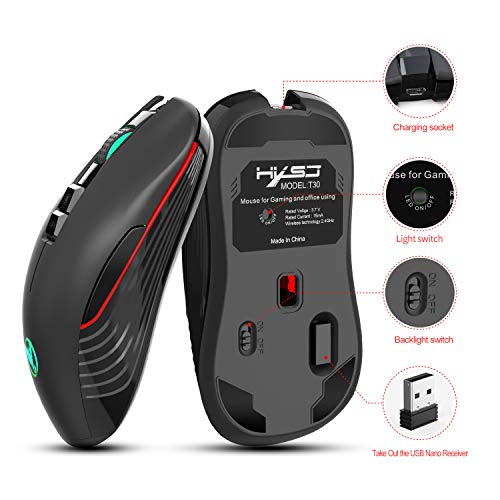 Zienstar Mouse da Gioco Wireless 2.4Ghz con Ricevitore USB e Adattatore USB C,Silent Click, 7 Colori Retroilluminati,3600 DPI,750 mAh Batteria Ricaricabile per MacBook, PC, Laptop