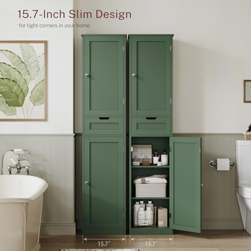 Image of TEENFON Tall Bathroom Cabinet with 2 Doors & 1 Drawer, Narrow Bathroom Storage Cabinet with Adjustable Shelves, for Living Room, Entryway, Kitchen, Forest Green