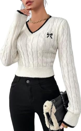 Women's Cable Knit V-Neck Sweater, White with Black Trim, Bow Brooch Detail, Long Sleeve