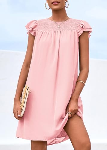 Image of KIRUNDO Wedding Guest Shift Dresses for Women Short Spring Summer Ruffle Cap Sleeve Chiffon Babydoll Flowy Mini Sundress