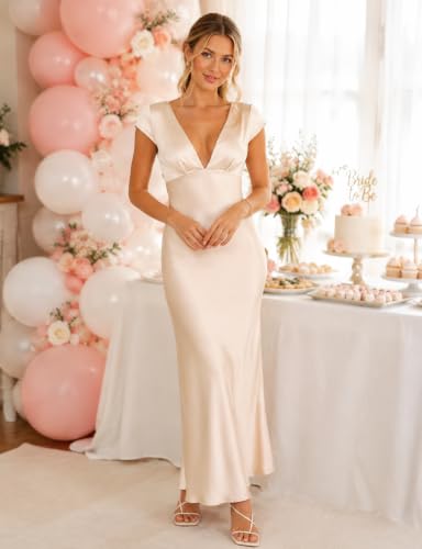 Image of Halfisland Womens Summer Satin V Neck Cap Sleeve Midi Dress Wedding Guest