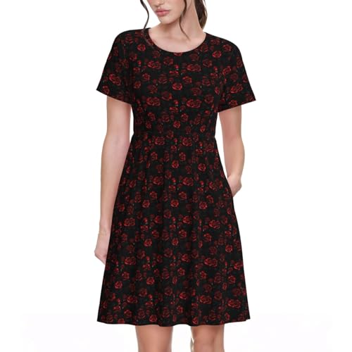 Robe d'été roses rouges et noires fluide anti-chaleur manches courtes
