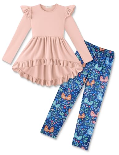 Image of Arshiner Toddler Girl Clothes Ruffle Trim Long Sleeve Pullover Top and Floral Print Leggings Fall Outfits Kids Clothing Sets