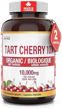 Herba Organic Tart Cherry Capsules – 10,000mg Per Day | 120 Capsules | 10:1 Cherry Pills Extract | Montmorency Tart Cherry Supplement for Antioxidants | 60 Day Supply | Made in Canada