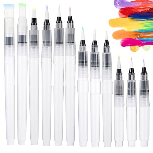 LXUEJIE 12 Stück Aquarell Pinsel Stifte, Wasserpinsel Stifte Pinsel Aquarell Pinselstifte Leerer Wasserpinselstift Auffüllbare Wassertankpinsel Wassermalstifte mit Tank für Aquarellkunst Malerei