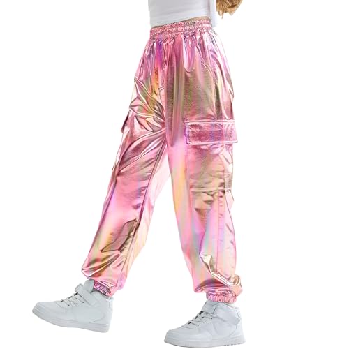 Image of Rolanko Girls Shiny Metallic Cargo Pants, Sparkle Jogger Pants for Girls Hip Hop Dance Streetwear Cargo Trousers 6-15 Years