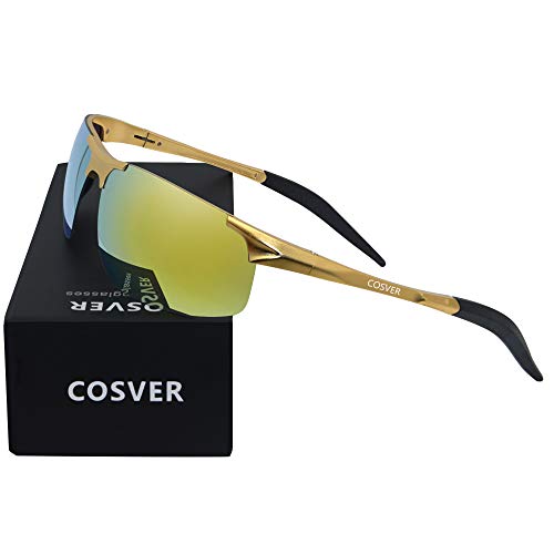 COSVER Mens Sunglasses Polarized Sports UV Protection Sunglasses for Men Metal Frame Ultra Light (Gold Frame/Gold Lens)