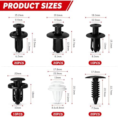 AOLYGEI 100Pcs Car Body Trim Clips,Plastic Rivets, 6 Popular Sizes of Bumper Clip, Universal Plastic Nylon Clips for Door Bumper, Fender Retainers, Fastener Remover Tool for Car Panel Trim G10 - 1