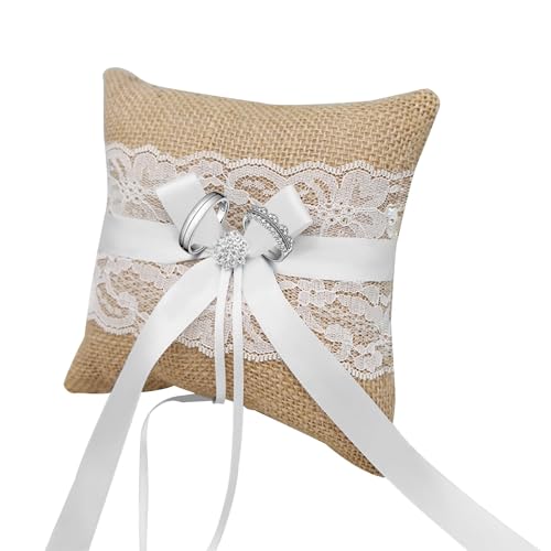HANIUTTY Ringkissen Hochzeit Vintage, 20cm Jute Spitzeblumen Rustikale Eheringe Brautkissen Träger Ringschachtel Ringkästchen Ringschatulle Wedding Ring Pillow für Verlobung Oder Eheringe