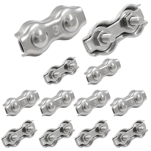 Rierdge 12Pcs M3 304 Stainless Steel Double Wire Rope Clip Cable Clamps for 1/8 Inch Diameter Wire Rope