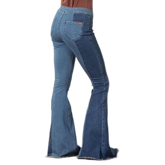 Rock & Roll Denim Bargain Button Bell High Rise Two Tone Pull On Flare Jeans Denim 29x34