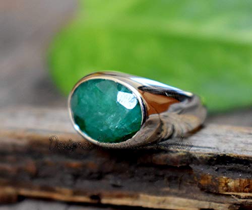 GREEN RAW EMERALD MENS RING, SOLID STERLING SILVER RING, HANDMADE RING, HEAVY MENS EMERALD RING, GEMSTONE RING