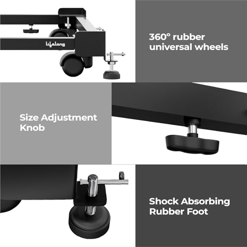 Image of Lifelong Universal & Adjustable Metal Washing Machine Stand (5 KG to 12 KG) | Trolley with Wheels | Single /Double Door Fridge Stand, Air Cooler Stand | 180 KG Capacity, 4 Anti Vibration Pads | Black