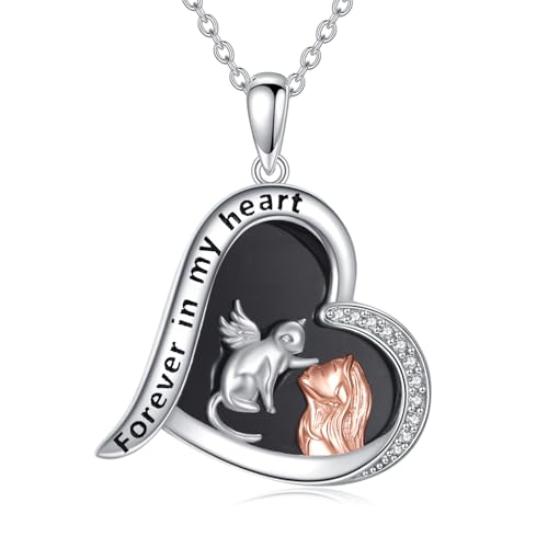 Image of YFN Cat Angel Necklace Sterling Silver Cat Pendant Heart Jewellery Gifts for Women Cats Lover