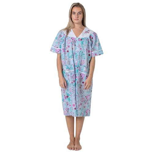 Image of Women's Short Sleeve Woven Snap-Front Closure Floral Embroidery Housecoat Duster Lounge Nightgown Robe with Front Pockets
