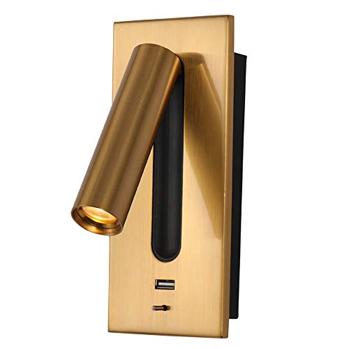 Sannelchel Modern Bedroom Wall Lamp, LED Home interior Reading Light, Hotel Heaboard 3W Book LED Light, Spotlight,wall Bed Indoor Sconce Lighting Fixture with USB 5V 2.1A Fast Charging (Gold)