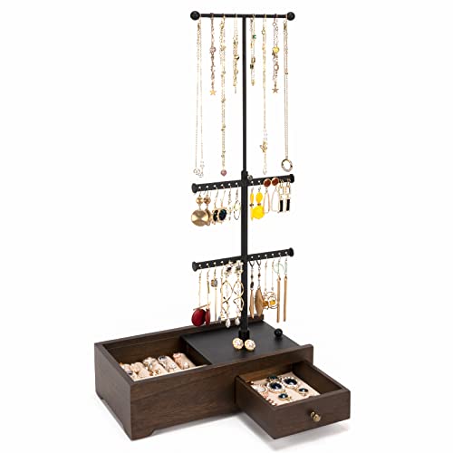 Emfogo Jewelry Organizer Tree Stand Necklace Holder Wood Basic Jewelry Drawer Storage Box & Adjustable Height Rod 3 Tier Jewelry Holder for Earrings Rings Bracelets Display (Walnut) Emfogo Jewelry Organizer Tree Stand Necklace Holder Wood Basic Jewelry Drawer Storage Box & Adjustable Height Rod 3 Tier Jewelry Holder for Earrings Rings Bracelets Display (Walnut)