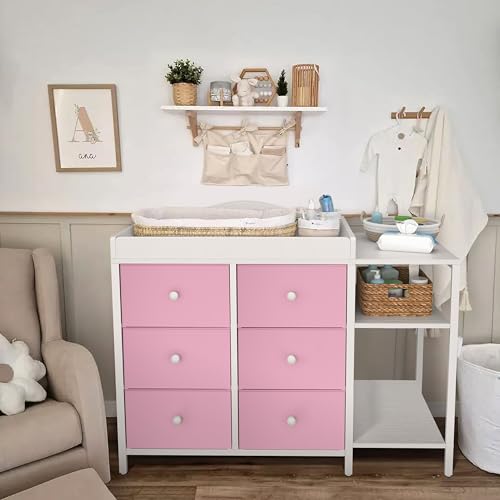 Image of BOLUO Baby Dresser with Changing Table Top, Changing Table Dresser with 6 Fabric Drawers Diaper Changing Station with Storage Shelf for Nursery Modern