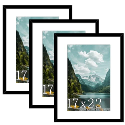 Picrit 17x22 Picture Frame 3 Pack, Black Poster Frame, Display Poster 12 x 18 with Mat or 17 x 22 without Mat for Horizontal or Vertical Wall Mounting
