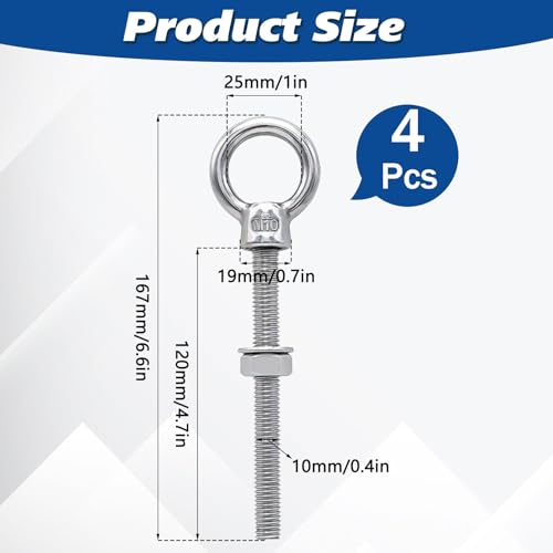 Idota 4 Stück Ringschraube M10 Ösenschraube M10 x 167 mm Augenschraube Edelstahl (M10)