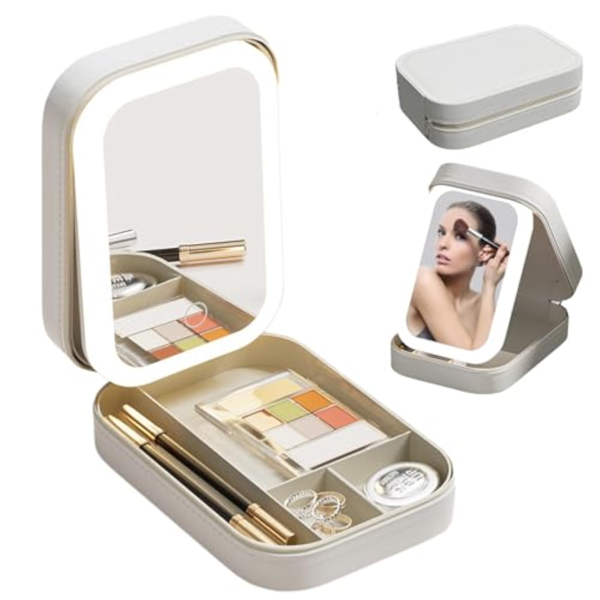 Leather Travel Makeup Bag with LED Mirror