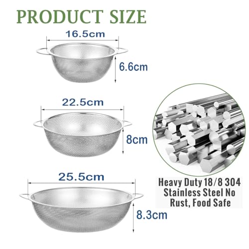 Set of 3 Stainless Steel Colander, 1/3/5Quart, 16/22/25cm Metal Sink Colander Strainer with Handle, Perforated Strainer for itchen/Draining Pasta/Rinsing Vegetables Fruits, Heavy Duty - Image 3