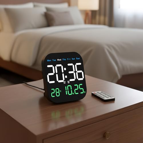 Image of Amazon Basics LED Digital Clock with Remote, 12 /24 Hr Format,Black Color, ABS, Dual Alarm, Auto Dimming Display, Temperature Display, USB Powered with 2M Cable, Wall /Table Use (Size: 185 x 28 x 185 mm)