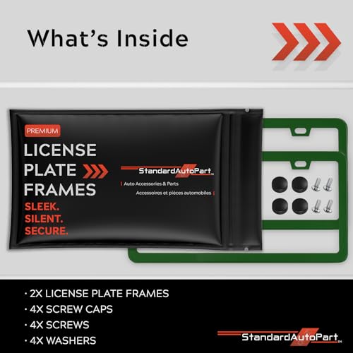 Image of Premium Slim Green License Plate Frames - 2 Pack, Rust-Free Stainless Steel & Rattle-Free, Street Legal, Universal with Screw Caps, Thin Metal Front & Rear Car Tag Holders Unisex