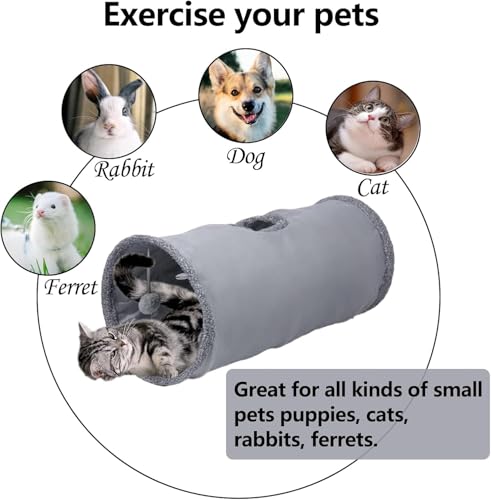 mymai Faltbarer katzentunnel mit weichem Wildlederbezug, interaktiver Rascheltunnel für Katzen mit 2 Hängenden Spielzeugen, ideal für Kaninchen kleine Haustiere (Grau, A)
