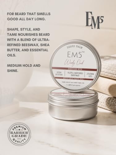 Image of Em5 's Woody Oud Organic Beard Balm Shape Style And Tame Medium Hold And Shine Long Lasting Fragrance For All Hair| Mustache And Beards Wax Gift For Him /Men,1 Count