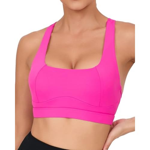 RUNNING GIRL Y-Back Sports Bras for Women, Medium Impact Wirefree Padded Bra Workout Crop Top Longline Sports Bra Push up Small D-pink