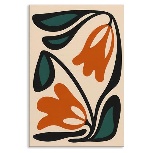 Modern Abstract Floral Canvas Wall Art, Burnt Orange Teal Botanical Poster, Minimalist Mid-Century Flower Picture Wall Decor, Neutral Boho Print for Bedroom Office 12x16in Unframed