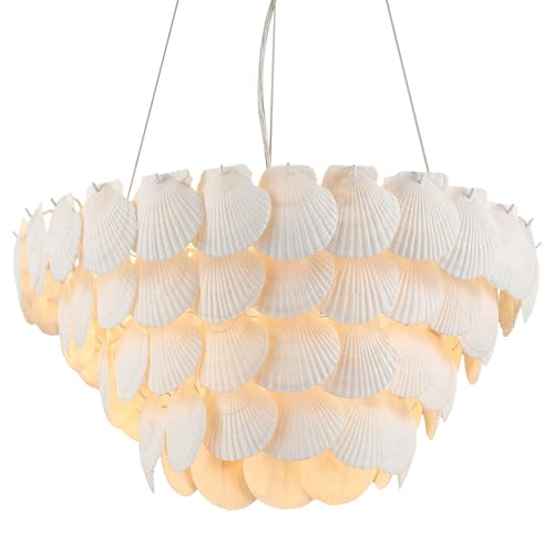 VANZARLA Dia 22.5 inche 7-Light Natural Shell Chandelier for Foyer Coastal Dining Room Light Large Pendant Chandelier for Bedroom Living Room Entryway Farmhouse