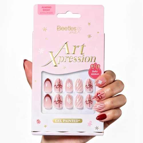 Image of Beetles Christmas Press On Nails with Glue, 32 PCS Short Almond