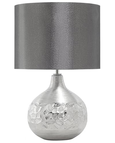 Beliani Lampe à Poser E27 Max 60W Base Porcelaine Argentée Abat-Jour en Viscose Yakima