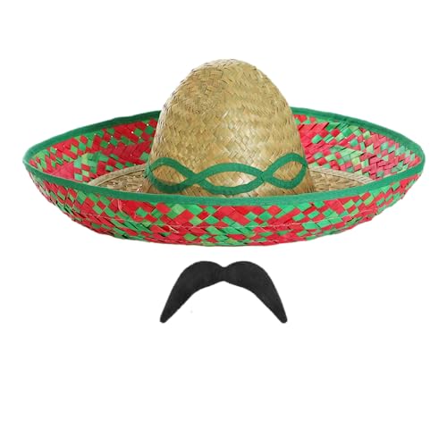 Mexican Sombrero and Tash Costume Set - Pack of 1 - Green Sombrero Straw Hat and Black Mexican Moustache - Mexico Party Fancy Dress Costume Accessory Set