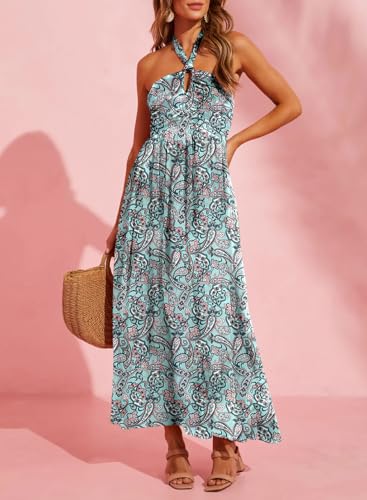 Image of Dokotoo Women's Summer Dresses Halter Neck Sleeveless Backless Flowy A Line Boho Maxi Dress