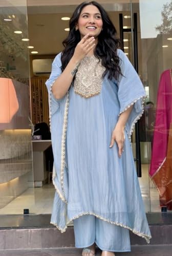 Image of GoSriKi Fendy Glass Embroidered A-Line Kurta with Palazzo for Women | Fendy Glass Grey | Kaftan Sleeve | Round Neck | Ethnic Wear Casual Wear