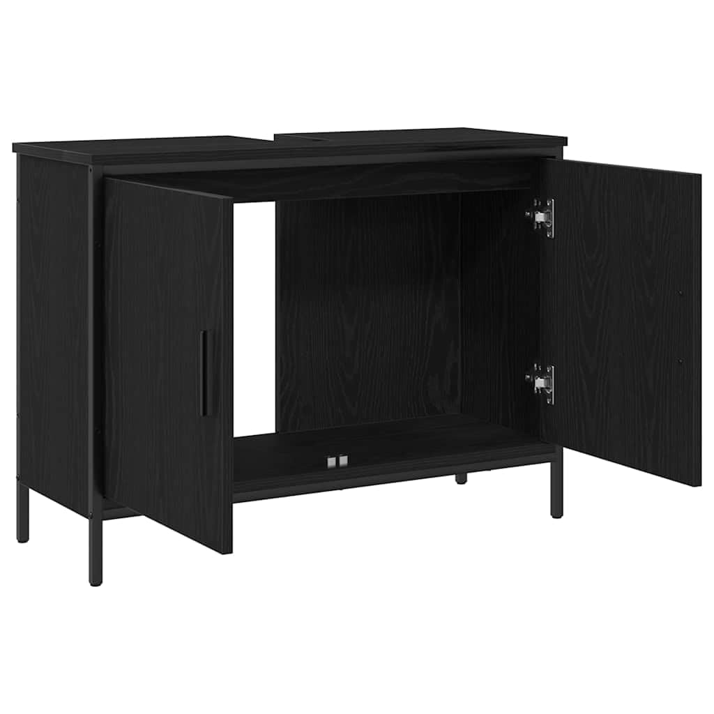 Mueble bajo lavabo de roble negro, 80 x 30 x 60 cm, material de madera con marco de acero, 2 puertas, moderno mueble de baño que ahorra espacio para pequeños baños y aseos de invitados