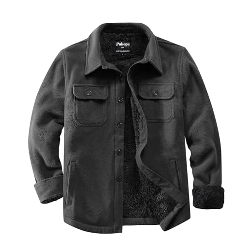 Puhope Jaqueta masculina de lã polar com forro de sherpa quente para homens, jaqueta grossa de botões com vários bolsos, Cinza escuro B, M