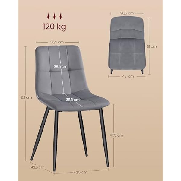 VASAGLE Обеденные стулья Velvet, кухонные стулья (нагрузка до 120 кг), кресла с регулируемыми ножками, современные, мягкие, для гостиной, комплект из 4 шт., цвет «сланец-серый» KDC080GN01